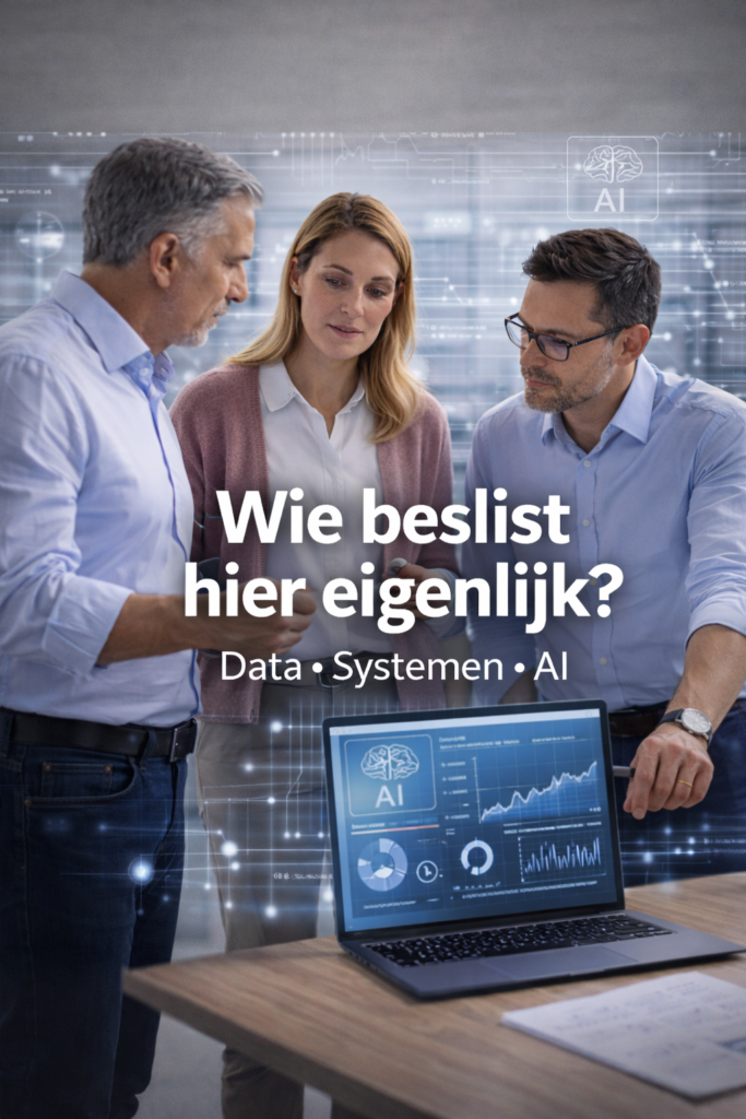 Drie collega’s in overleg over data en AI op de werkvloer, met laptopdashboard en de vraag: wie beslist hier eigenlijk?