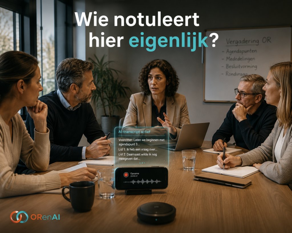 Vergadering waarin AI wordt gebruikt voor notulen en transcriptie tijdens overleg, met aandacht voor controle, privacy en digitale regie.