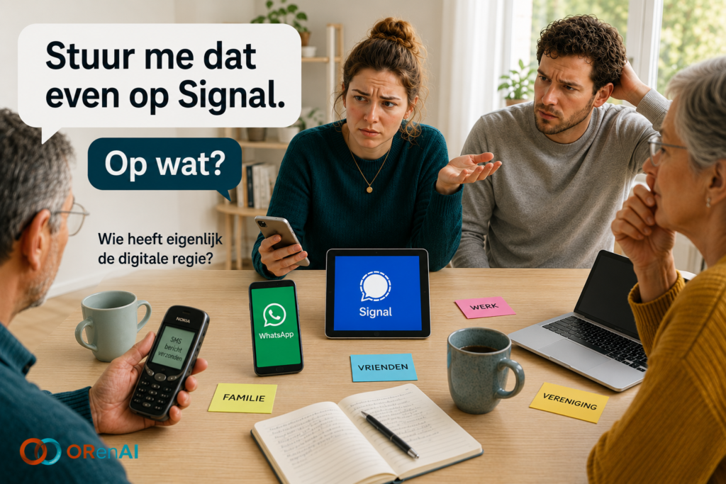Mensen aan een lichte houten tafel bespreken verschillende chat-apps zoals WhatsApp en Signal, terwijl de afbeelding de vraag stelt wie eigenlijk de digitale regie heeft over onze communicatie.
