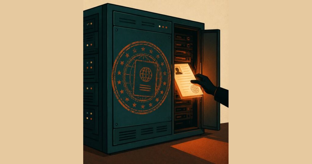 Serverrek als kluis met paspoort — illustratie van de CLOUD Act en digitale soevereiniteit